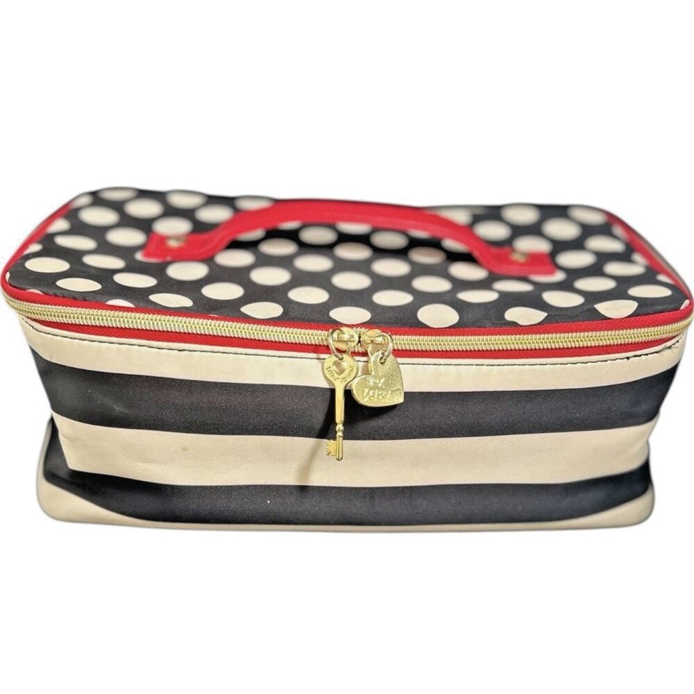 Betsey Johnson Polka Dot Stripe Red White Blue Makeup Bag 12x7 Key Heart Charms